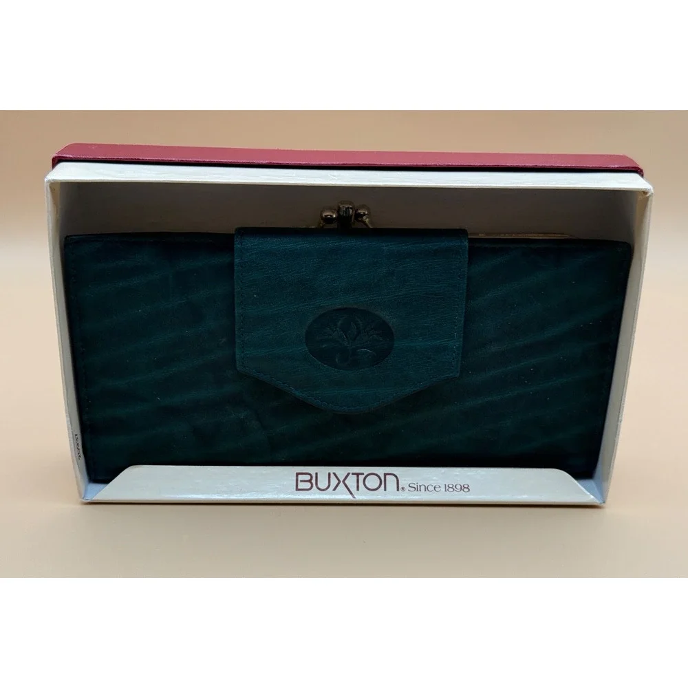 💚 Vintage Buxton Top Grain Cowhide Leather Wallet Clutch Kiss Lock – NIB